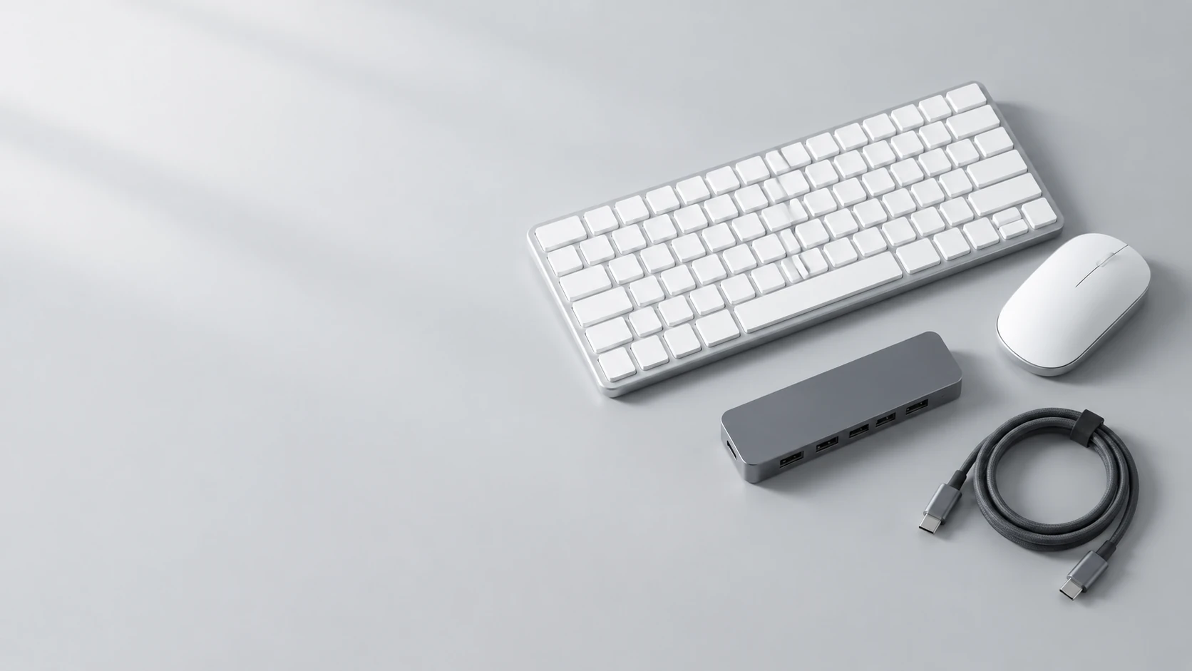 Unbranded keyboard, mouse, hub and cable concept arrangement